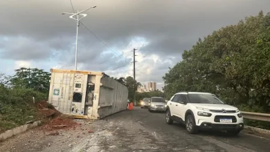 Container tomba e interdita trânsito em trecho da BR-324 - Foto: Reprodução