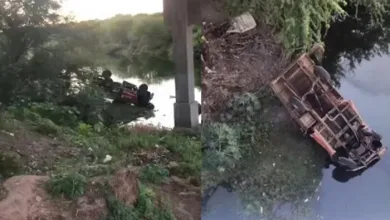 Motorista fica ferido após caminhonete cair de ponte - Foto/ Reprodução
