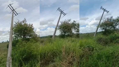 Morador denuncia poste inclinado e risco de fios caírem sob a rodovia na entrada de Terra Nova- Foto: Reprodução/ Leitor Fala Genefax