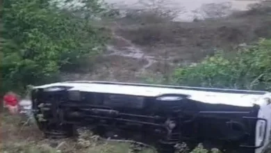 Micro-ônibus cai em ribanceira após capotar na BR-101- Foto: Reprodução/Redes Sociais