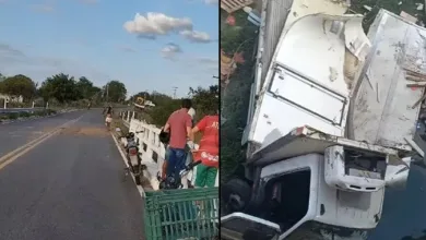 Caminhão cai de ponte após motorista perder o controle da direção